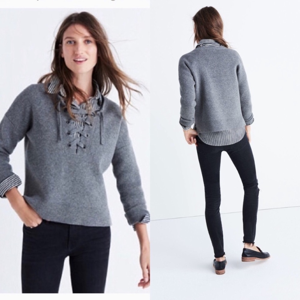 Madewell Lace-Up Merino Wool Gray Pullover Sweater